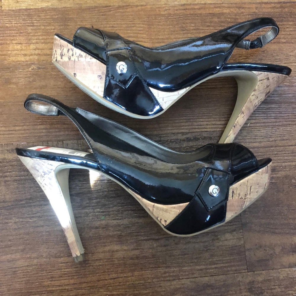 Guess Black and cork open toe heels